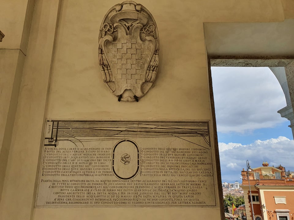 Marmurowa mapa z 1720 roku przedstawiająca prawa do wody z Acqua Vergine i rozprowadzenie ołowianych rur, umieszczona na ścianie fontanny Acqua Paola w Rzymie