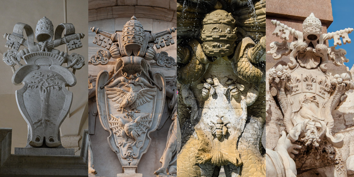 Cztery papieskie tarcze z dębem rodu Della Rovere obok symboli Borghese, a następnie pszczołami Barberinich i gołębicą Pamphilich