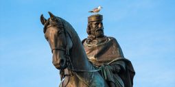 Full front view of the Giuseppe Garibaldi equestrian monument in Rome with the ITALIA E VITTORIO EMANUELE dedication inscription on the base